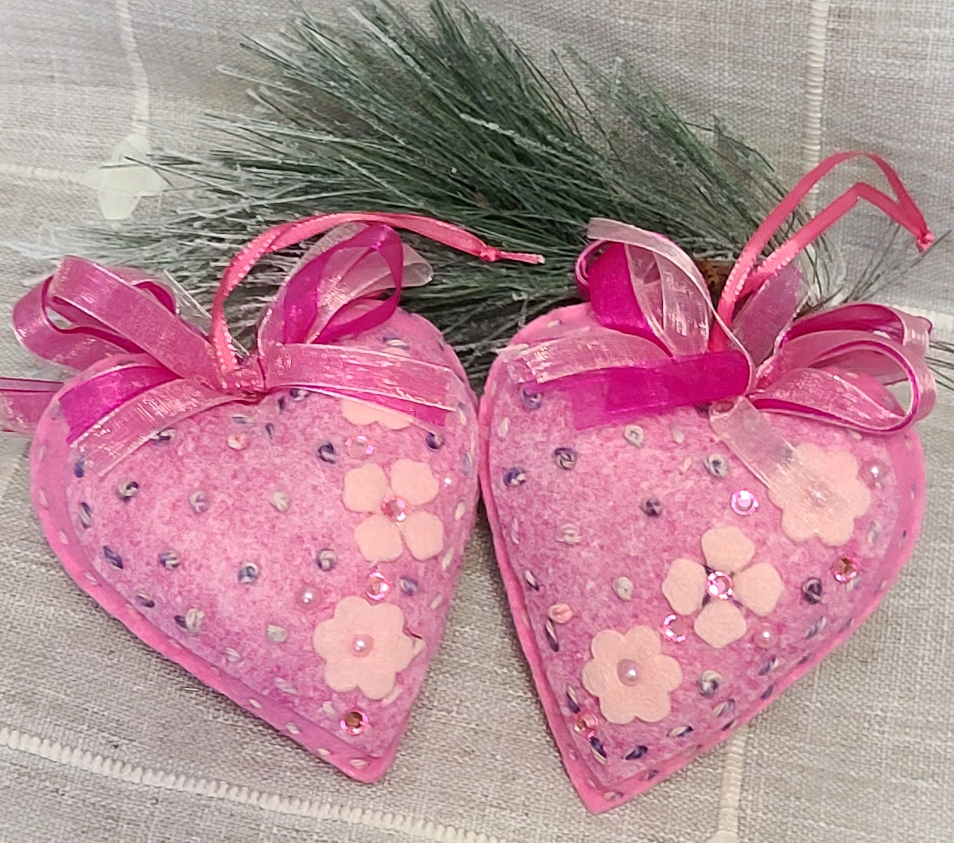 Pink Hearts with flowers and embellishments Spring ornament