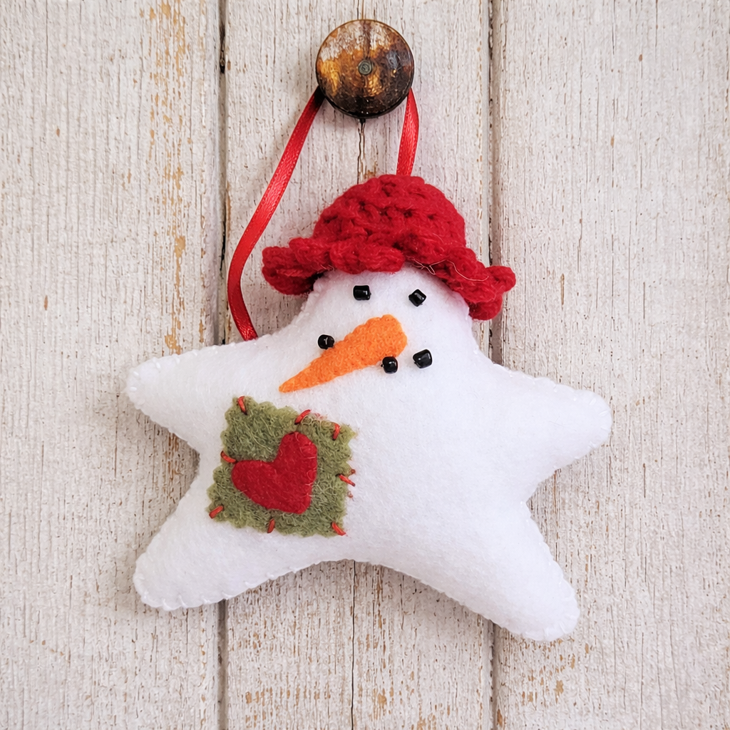 Felt Snowman star ornament with crochet hat - red hat
