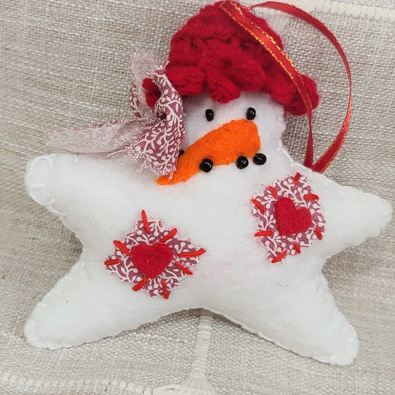 Felt Snowman star ornament with crochet hat -red patches and hat