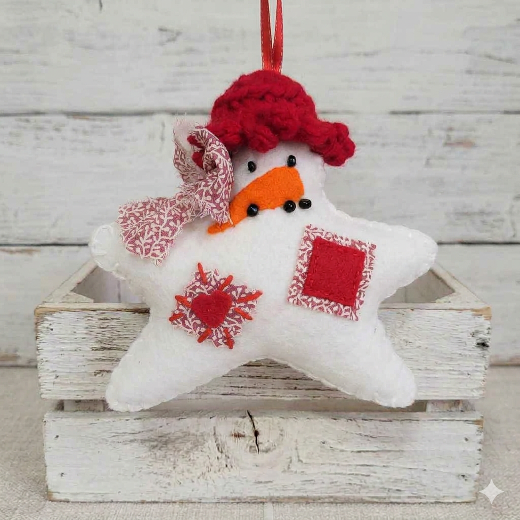 Felt Snowman star ornament with crochet hat -red patches and hat
