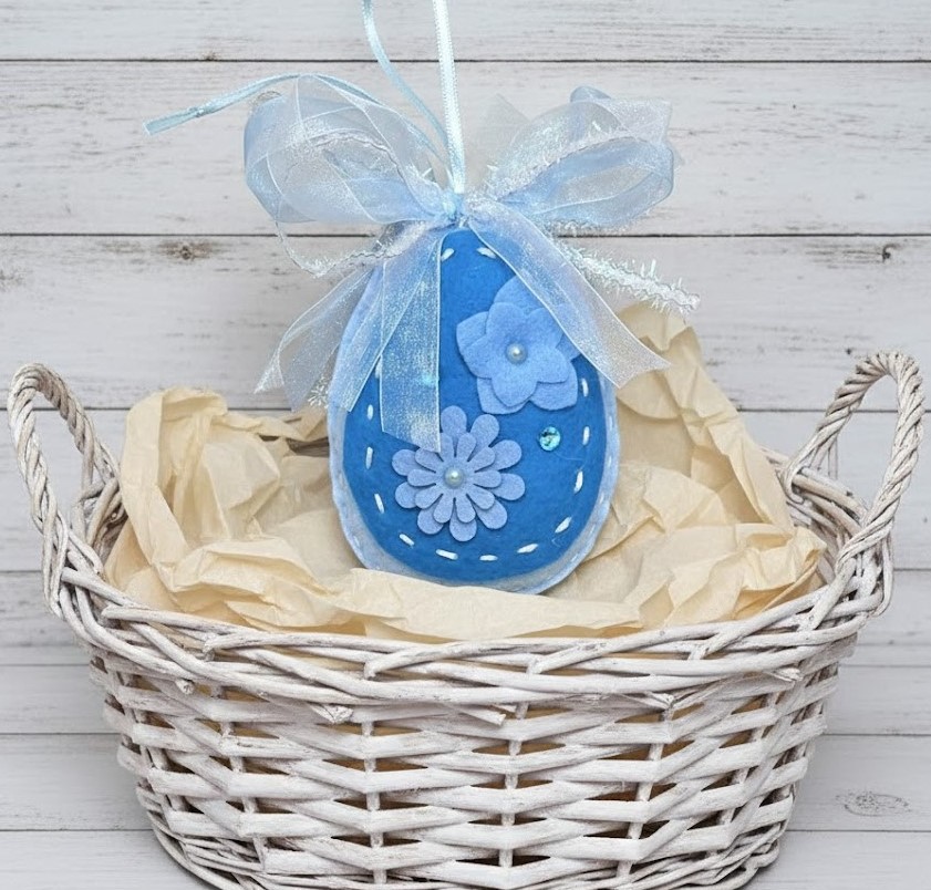Easter egg felt ornaments two tone blue floral accents