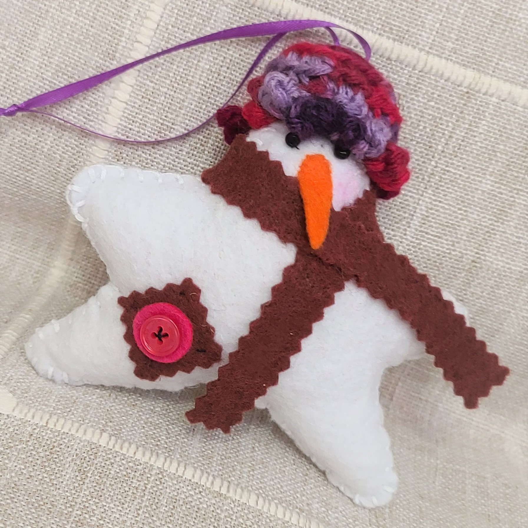 Felt Snowman star ornament with crochet hat & scarf - multi colo