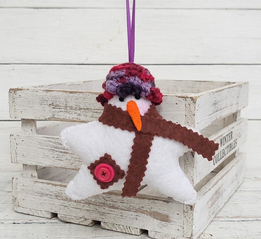 Felt Snowman star ornament with crochet hat & scarf - multi colo