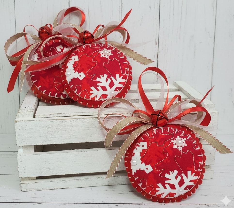 Red & white snowflake quilt and felt round ornament - burlap bow Red & white snowflake quilt and felt round ornament - burlap bow