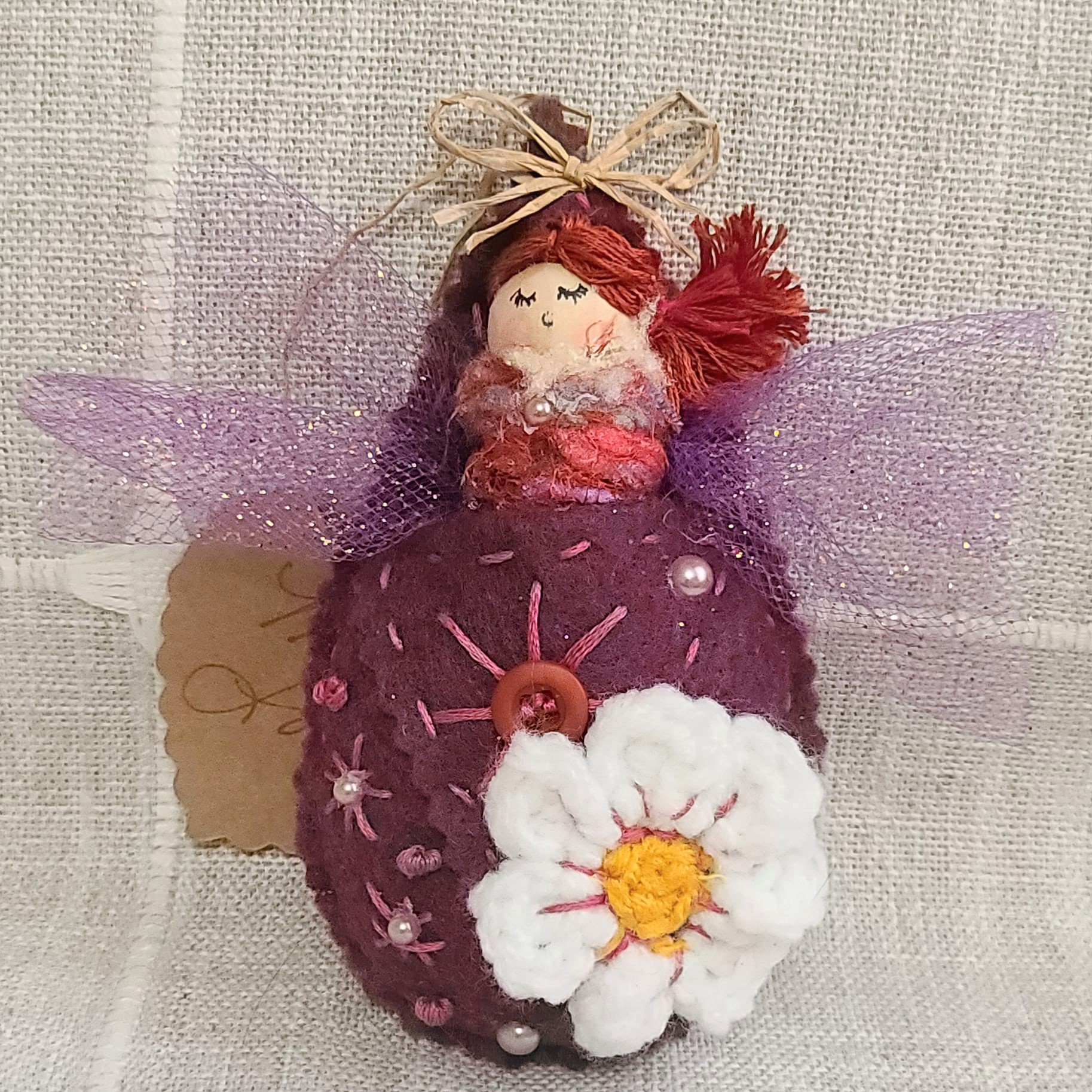 Pod babies whimsical ornament -red head girl in magenta pod