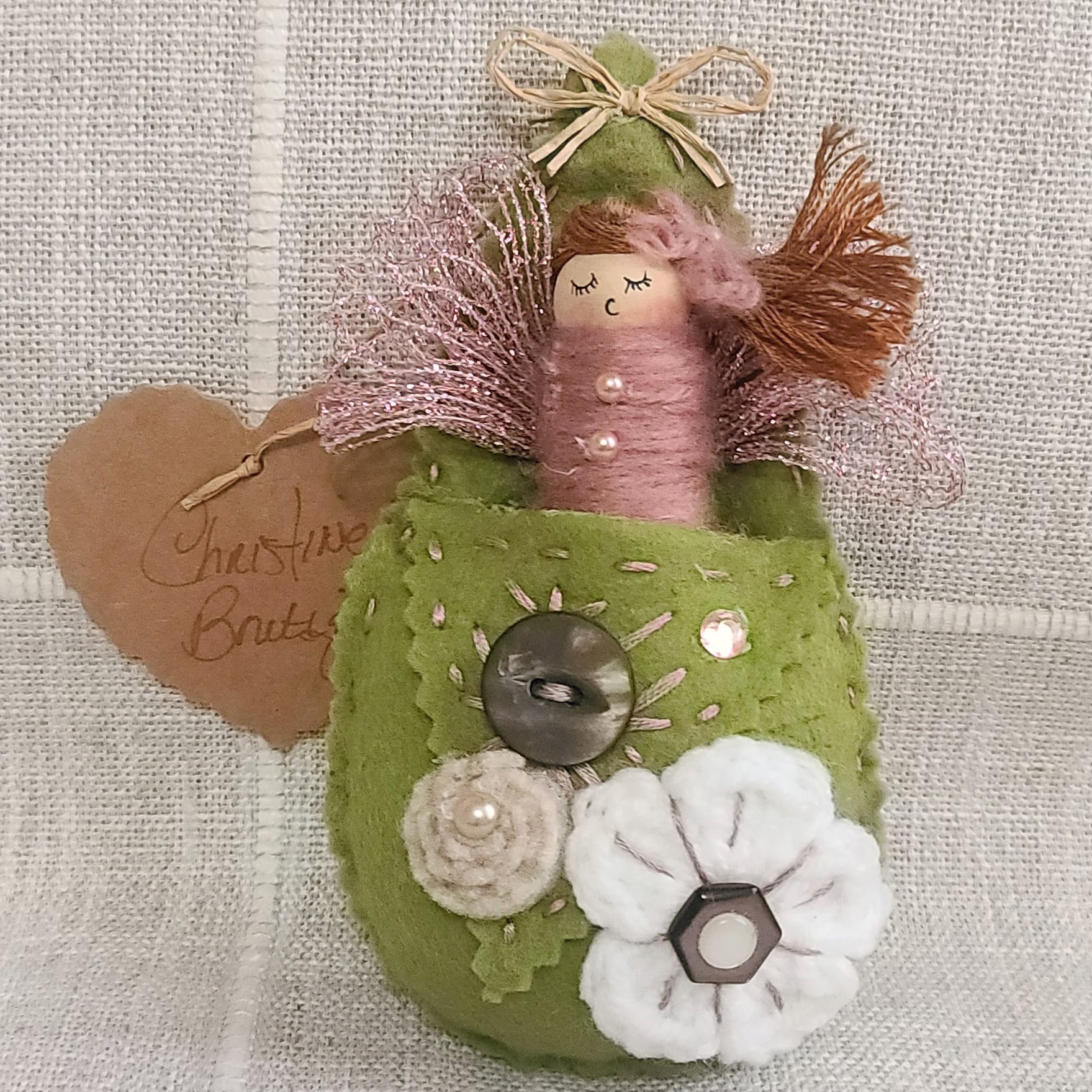 Pod babies whimsical ornament -auburn head girl sage green pod - Click Image to Close
