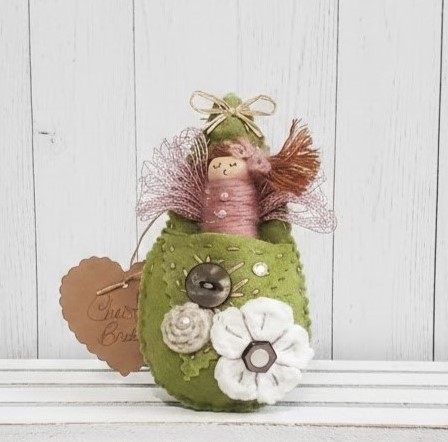 Pod babies whimsical ornament -auburn head girl sage green pod