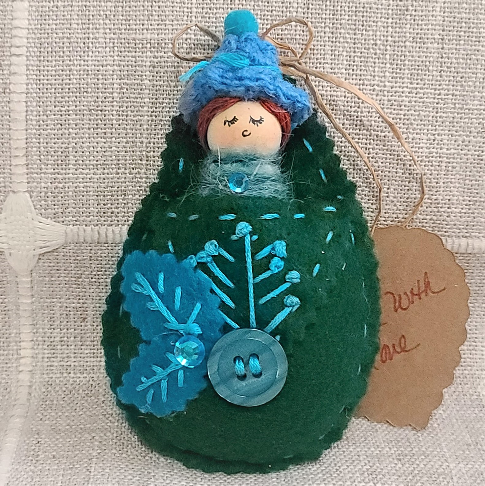 Pod babies whimsical ornament -red hair with blue hat
