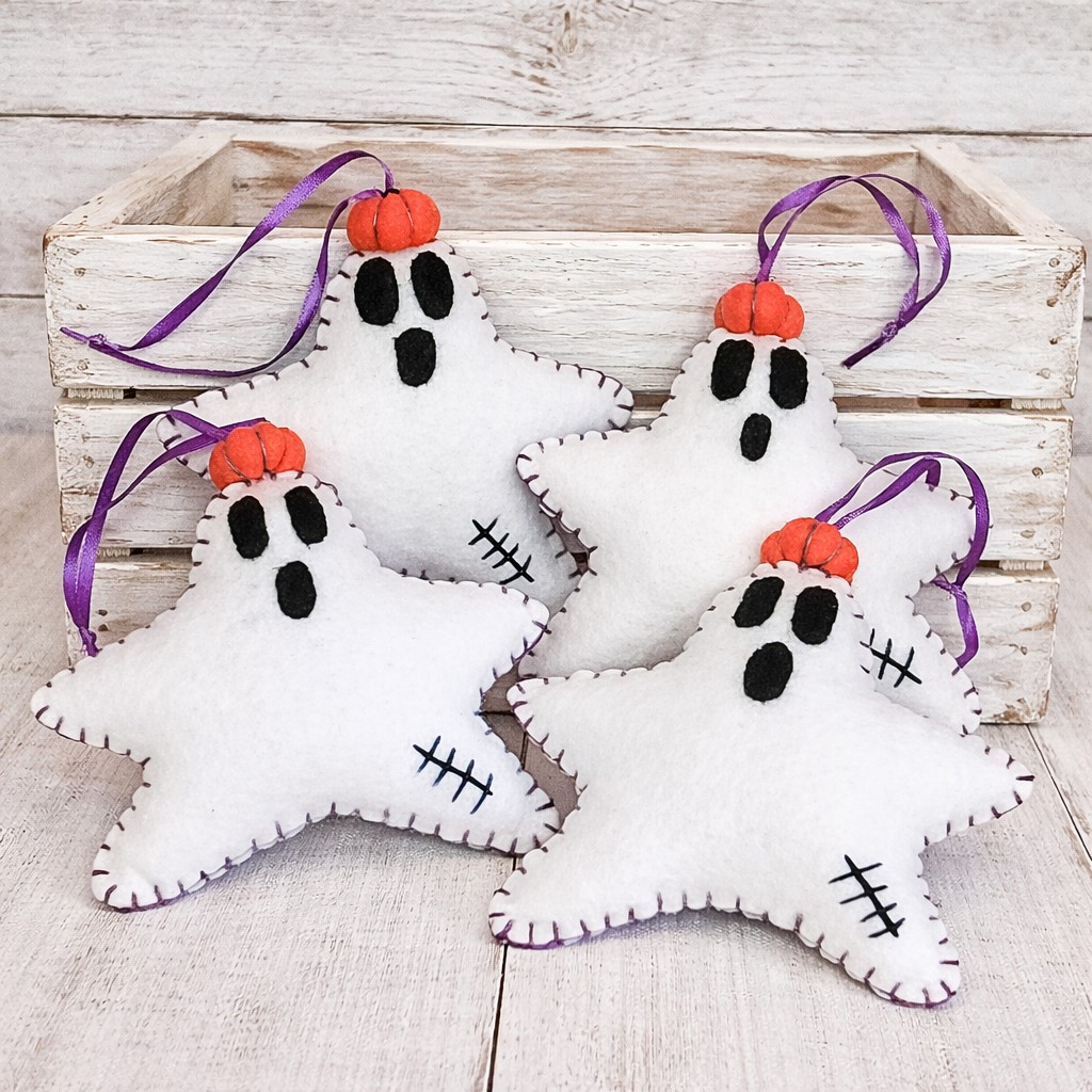 Halloween felt star ghost with pumpkin ornament - purple stitch