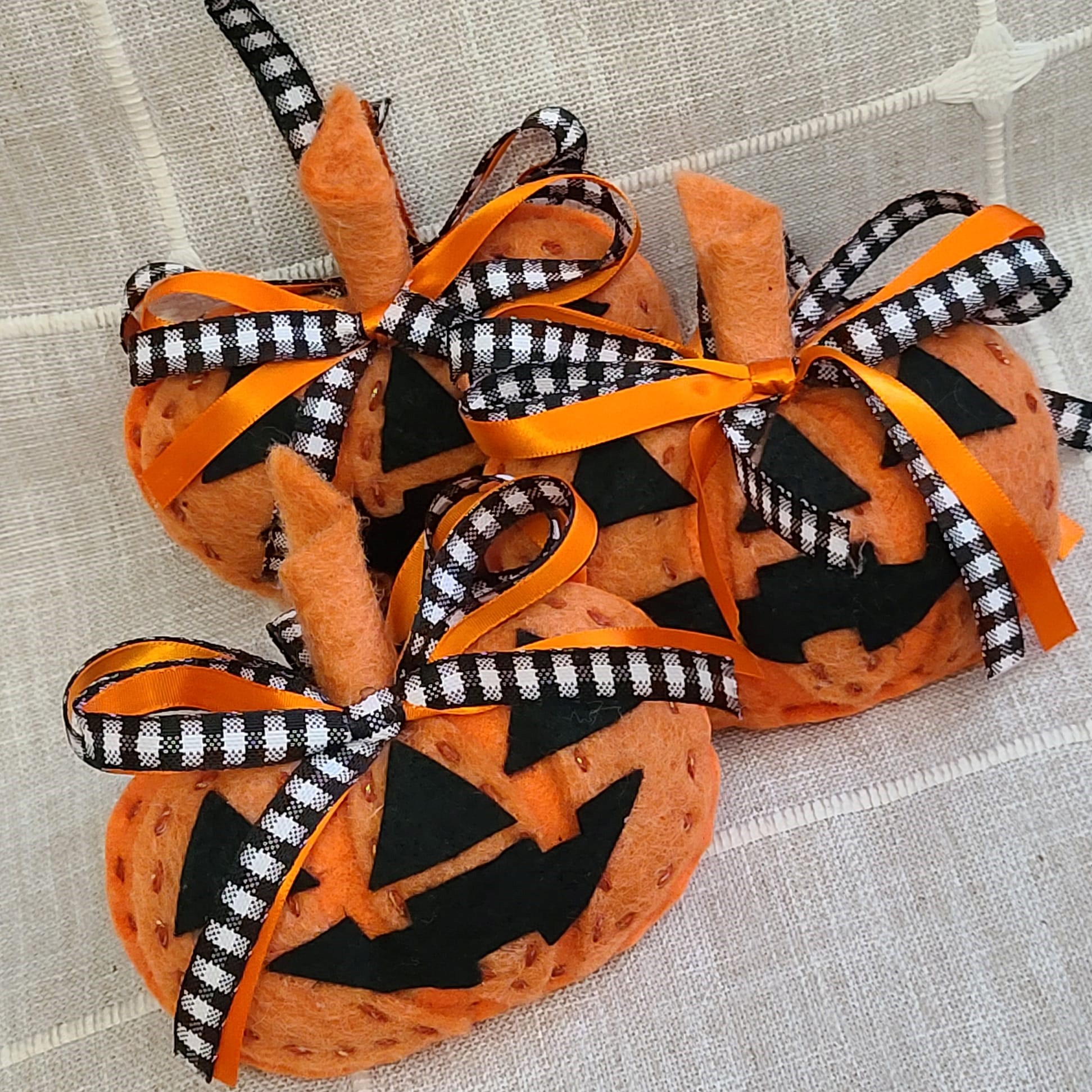 Handmade Felt Halloween Jack O Lantern Ornament -black white bow