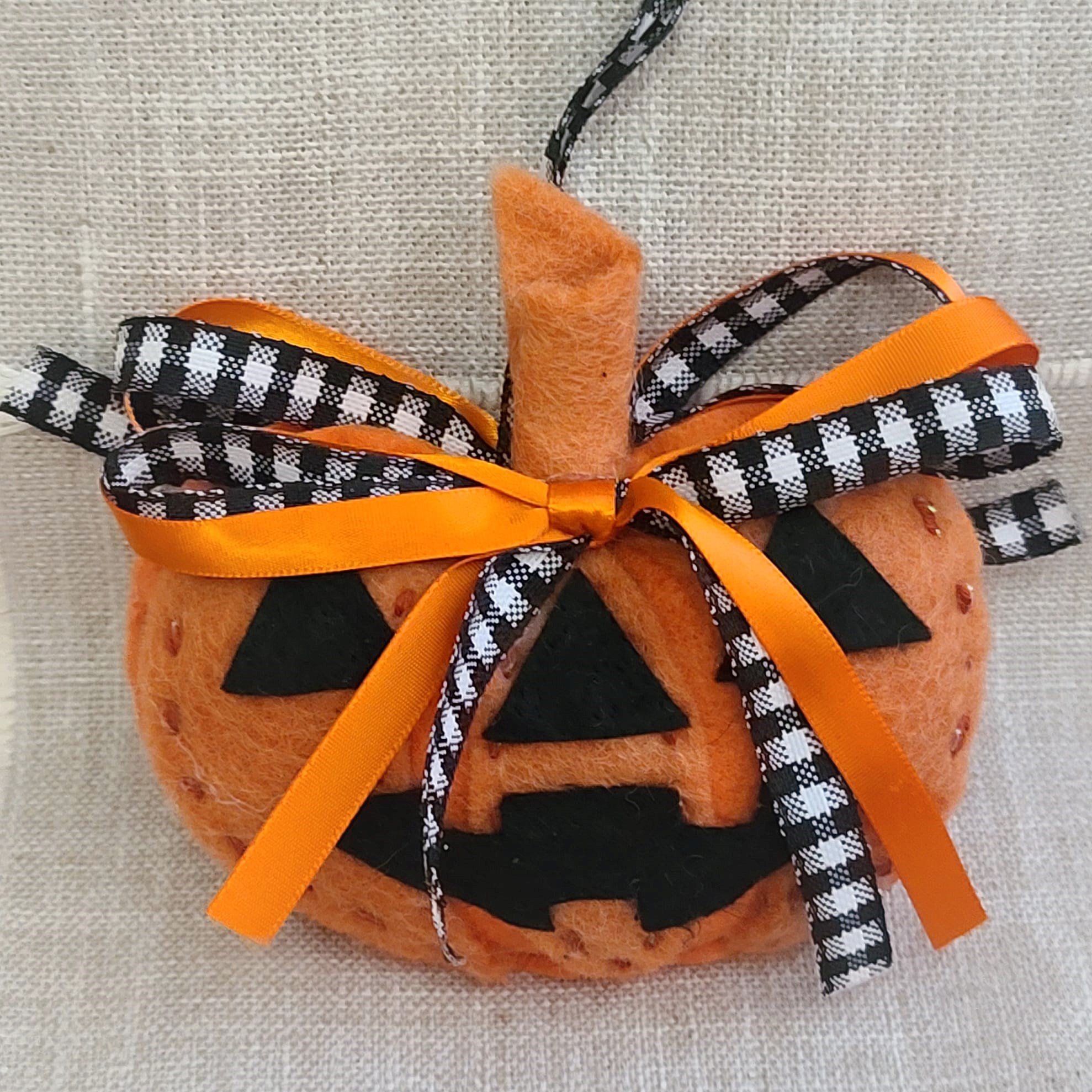 Handmade Felt Halloween Jack O Lantern Ornament -black white bow