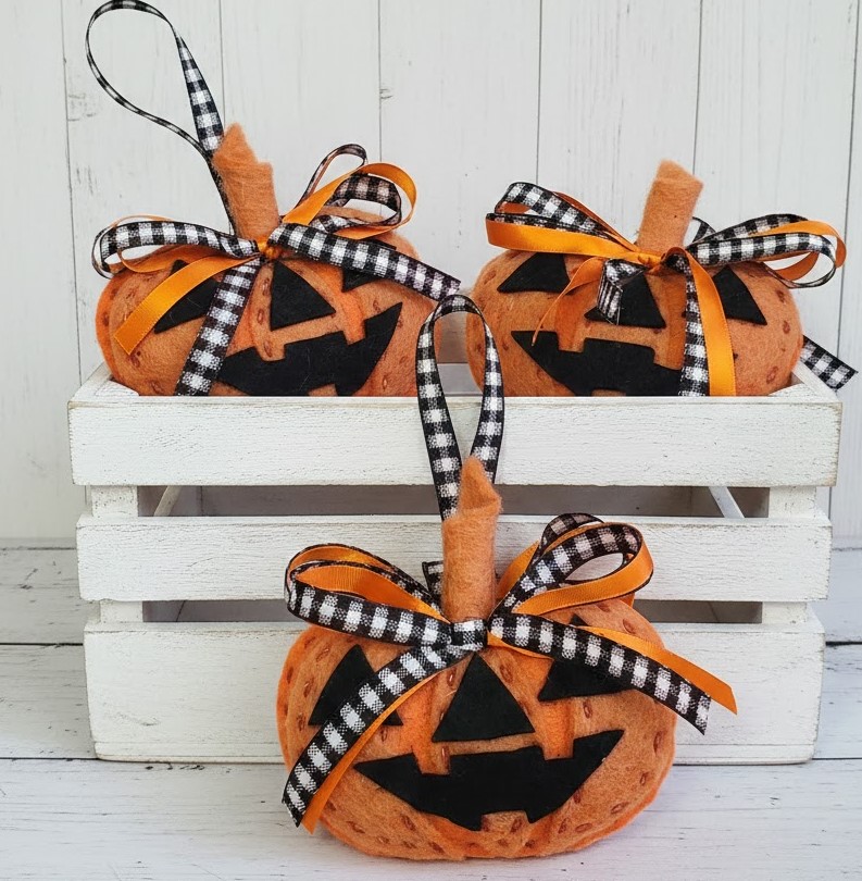 Handmade Felt Halloween Jack O Lantern Ornament -black white bow
