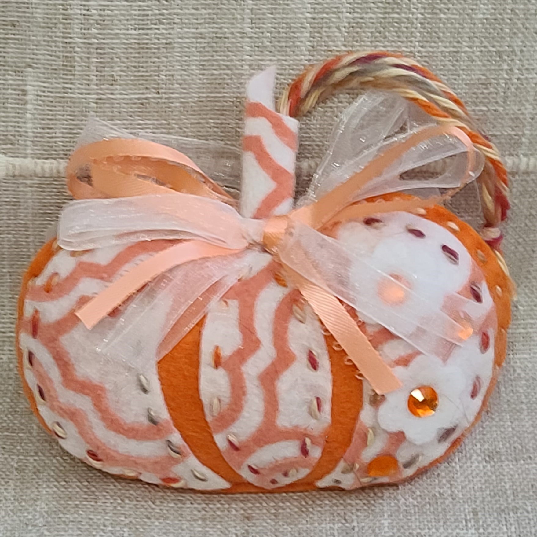 Felt pumpkin ornament - white and light orange country chic - Click Image to Close