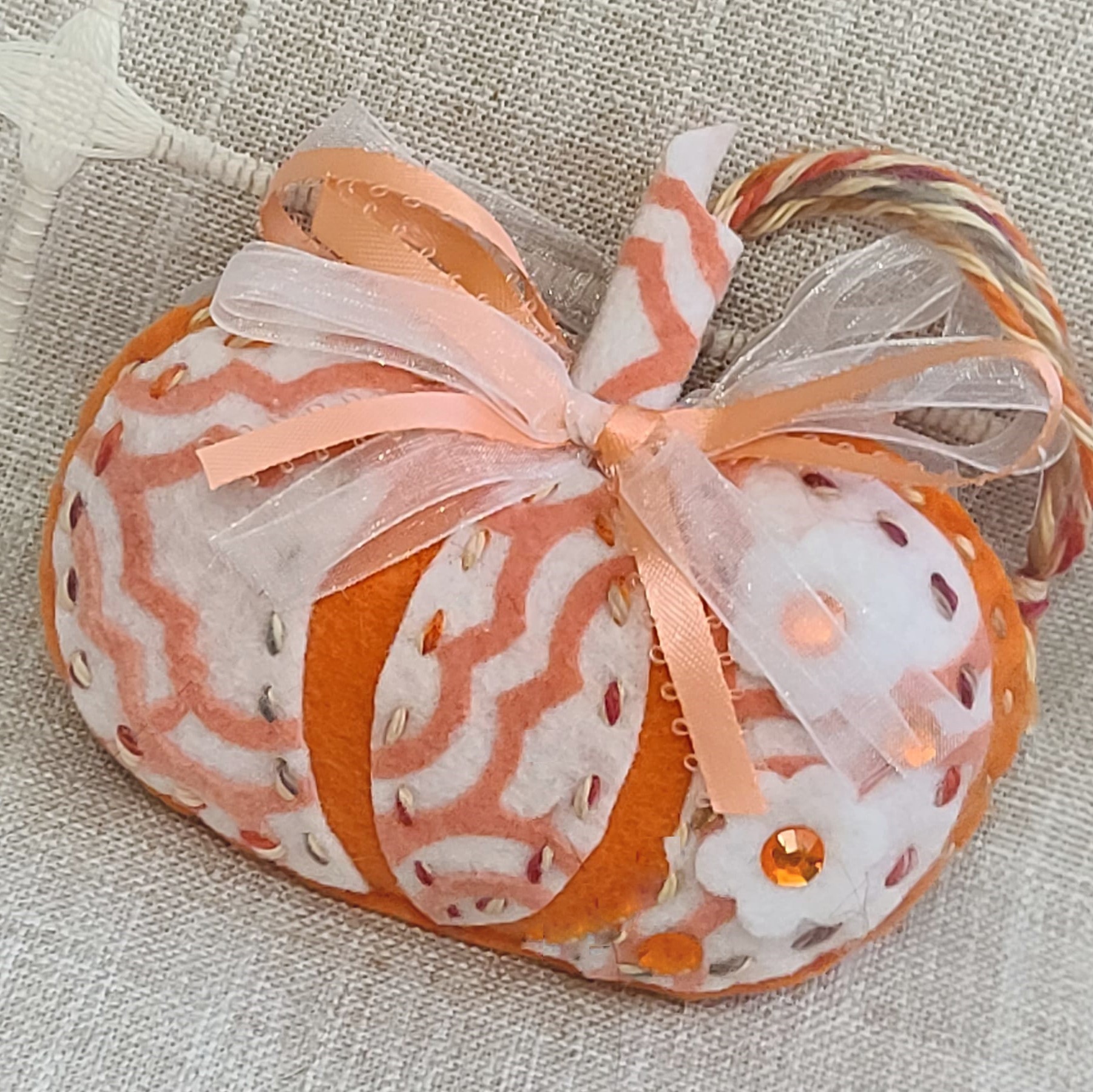 Felt pumpkin ornament - white and light orange country chic