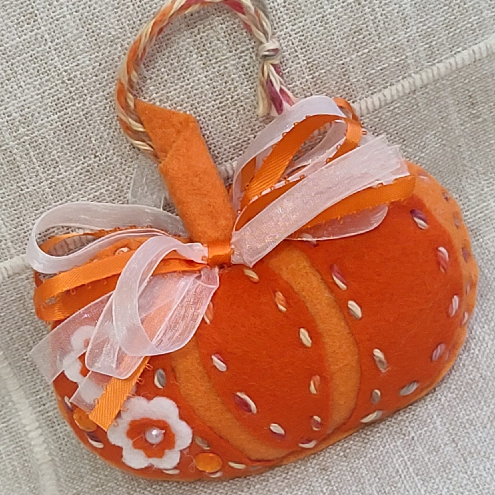 Felt pumpkin ornament - orange with flowers