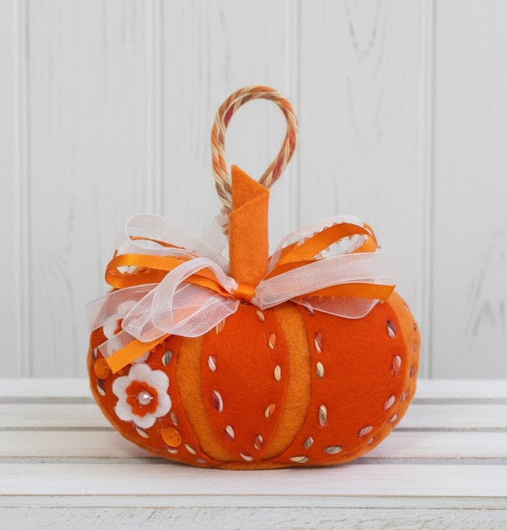Felt pumpkin ornament - orange with flowers