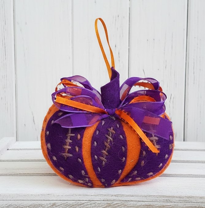 Felt pumpkin ornament - orange and purple Felt pumpkin ornament - orange and purple