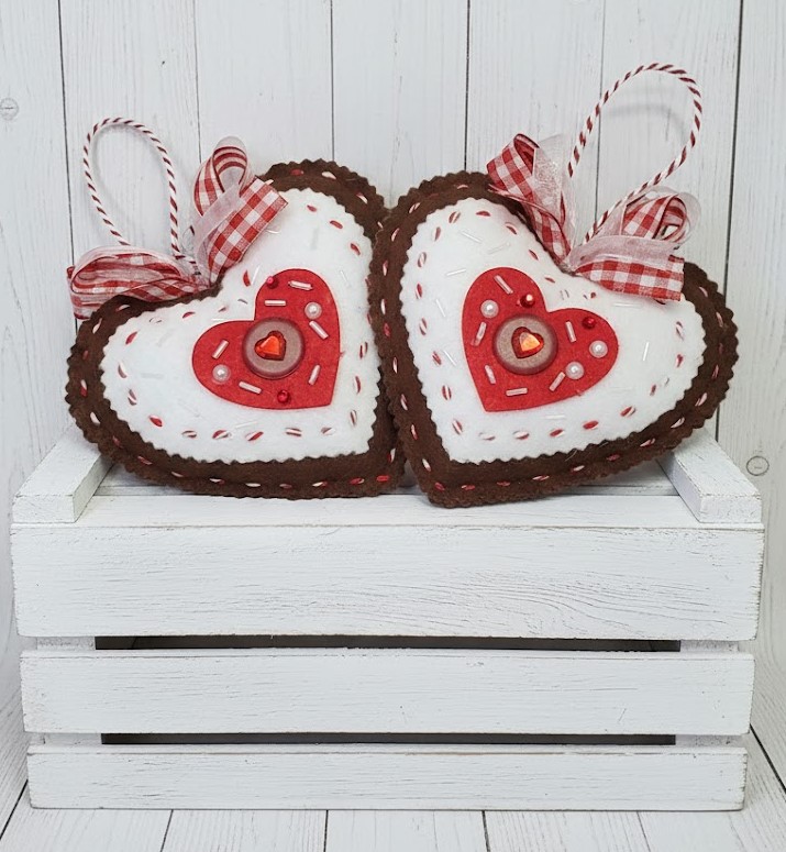 Chocolate heart felt ornament with red gingham bow