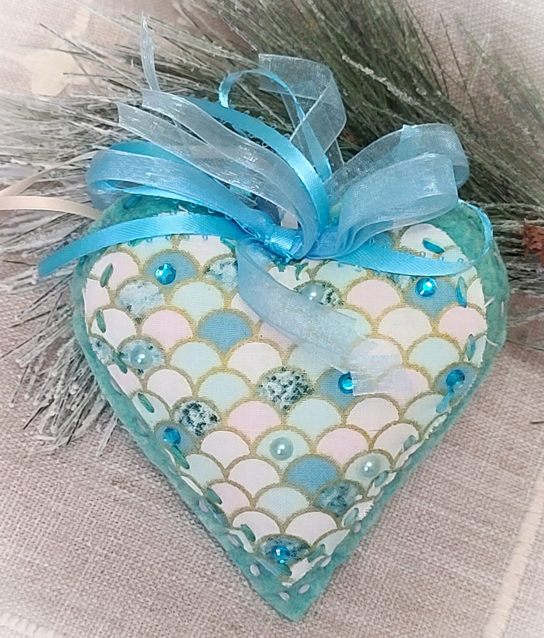 Felt and fabric mermaid turquoise heart ornaments