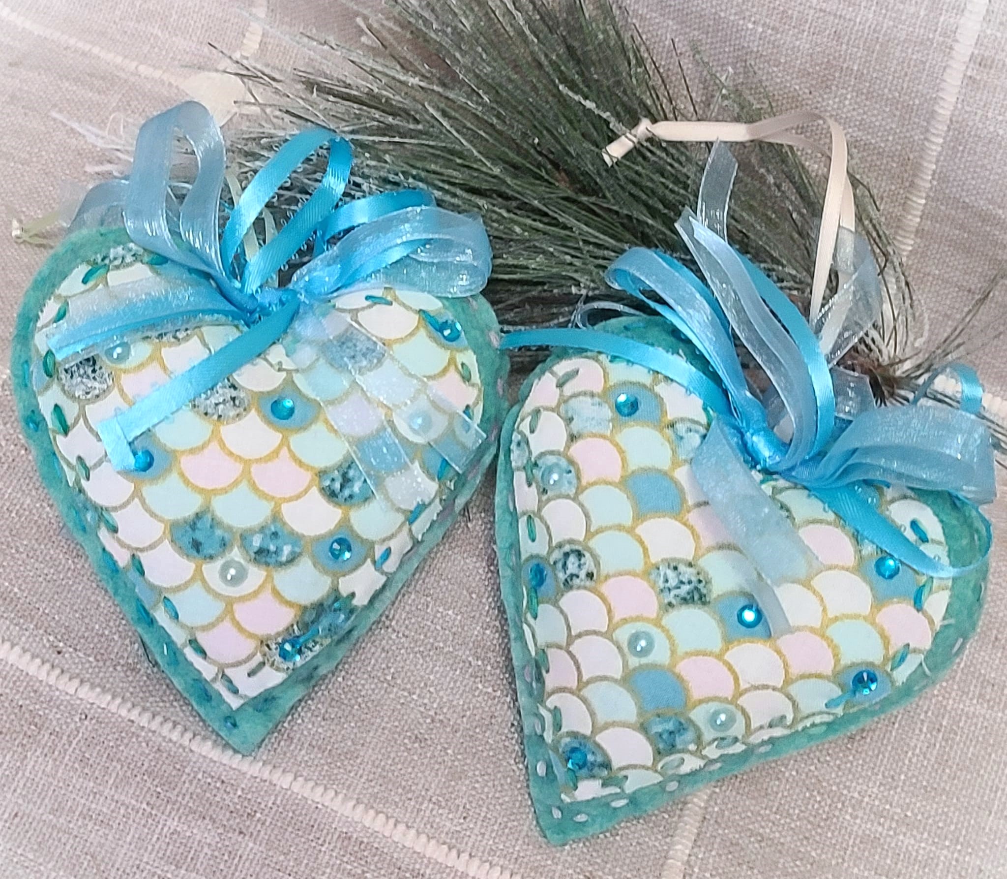 Felt and fabric mermaid turquoise heart ornaments