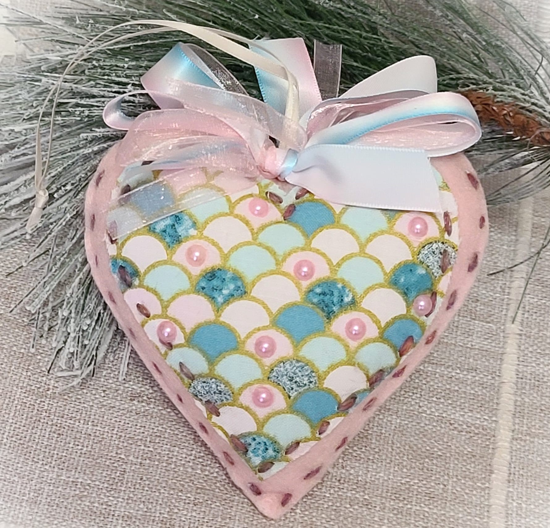 Felt and fabric mermaid light pink heart ornaments