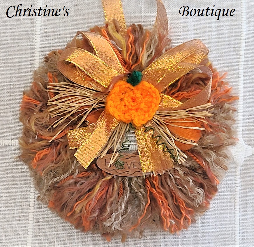 Mini yarn wreath ornament 7" Fall decor with crochet pumpkin