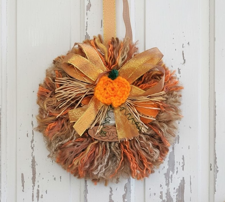 Mini yarn wreath ornament 7" Fall decor with crochet pumpkin