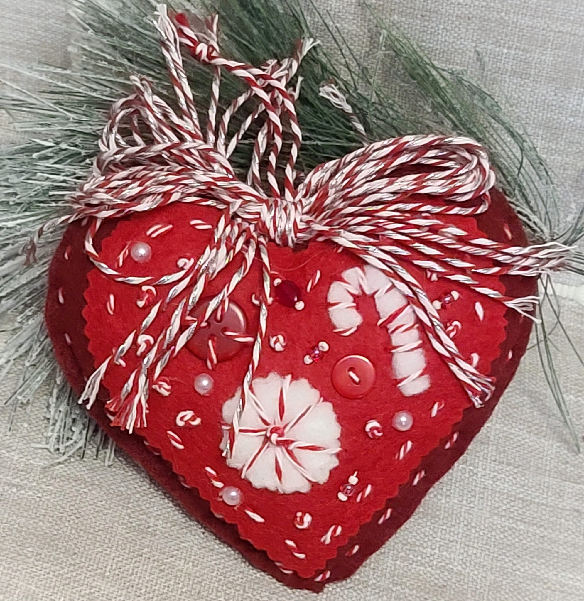 Extra Large red heart ornaments with embroidery candy cane