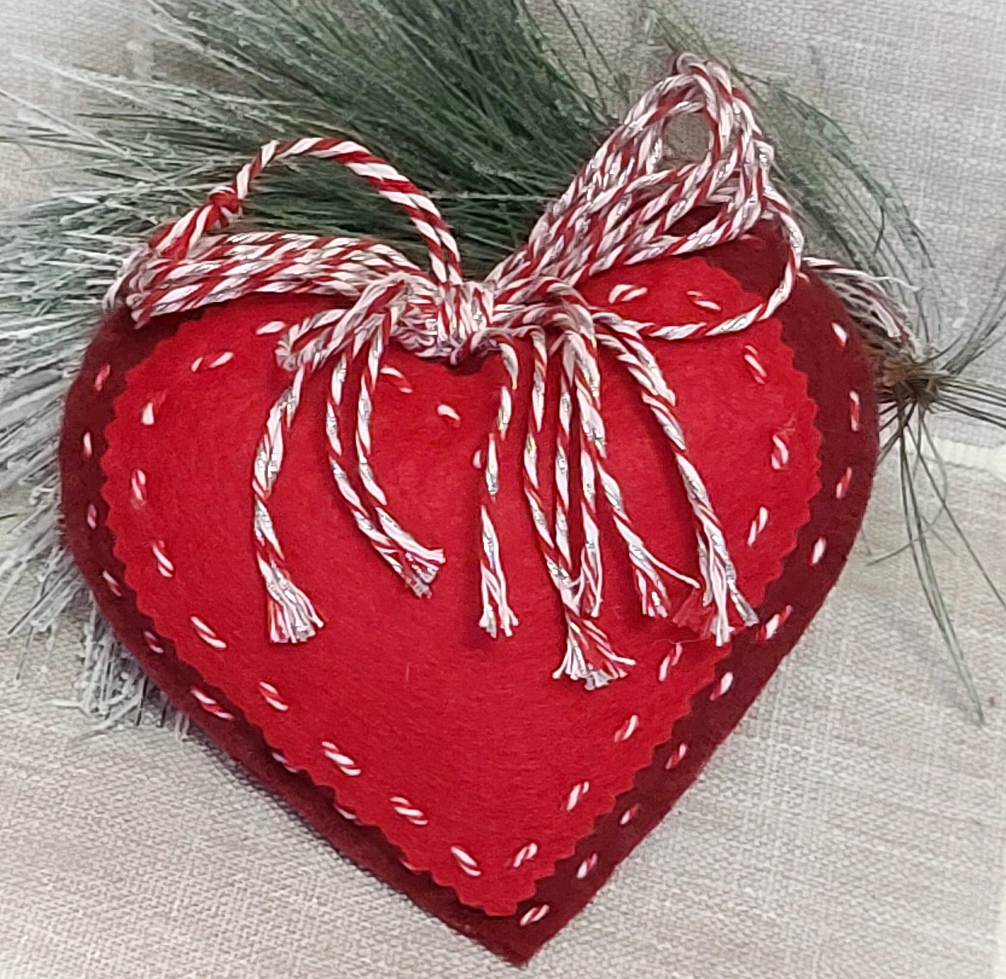 Extra Large red heart ornaments with embroidery candy cane