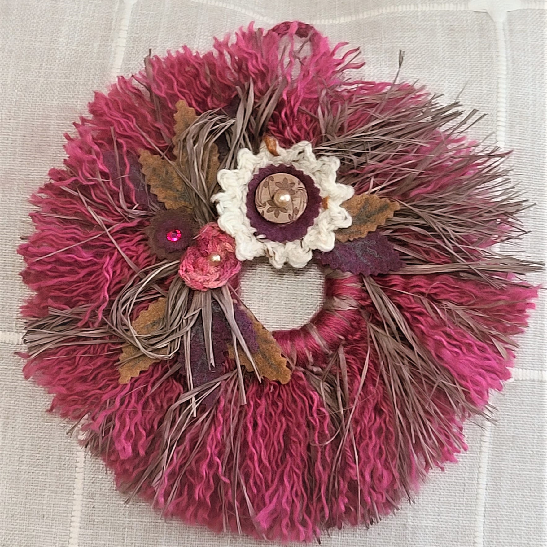 Mini yarn wreath ornament 7" romantic rose pink colors - Click Image to Close