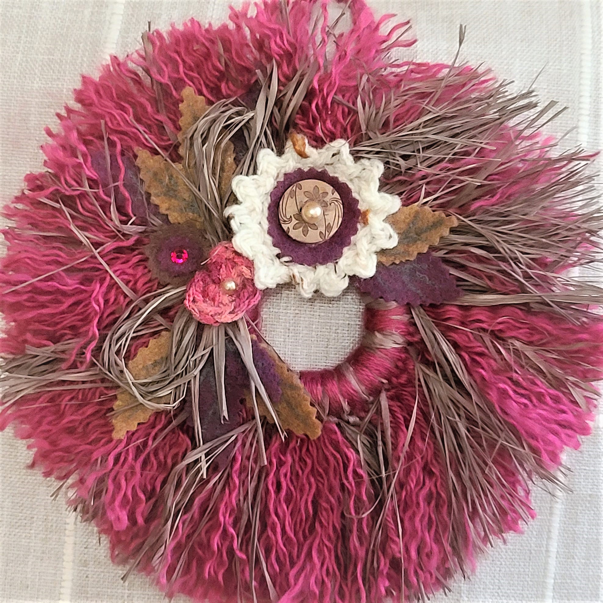 Mini yarn wreath ornament 7" romantic rose pink colors