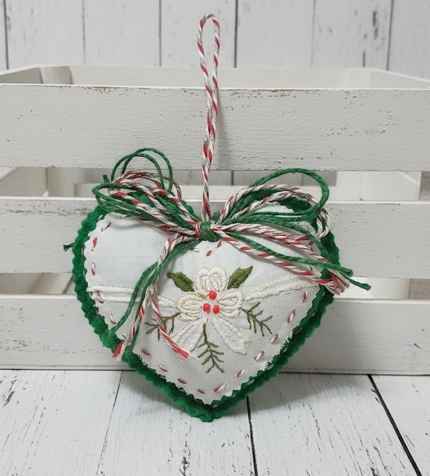 Vintage embroidery and felt heart shaped ornament - green