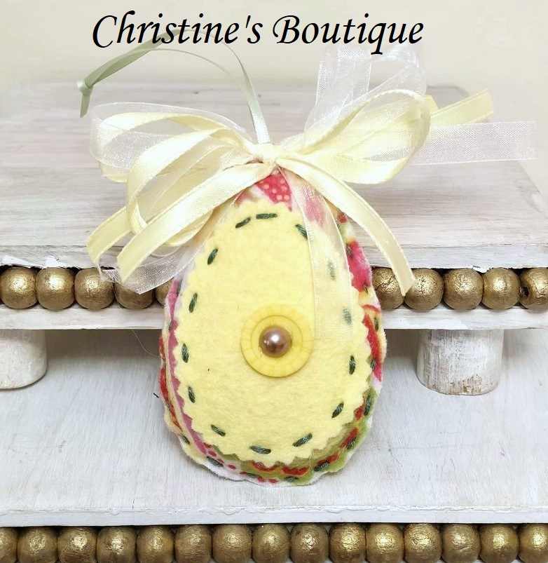 Easter egg felt ornament - floral with yellow - Click Image to Close