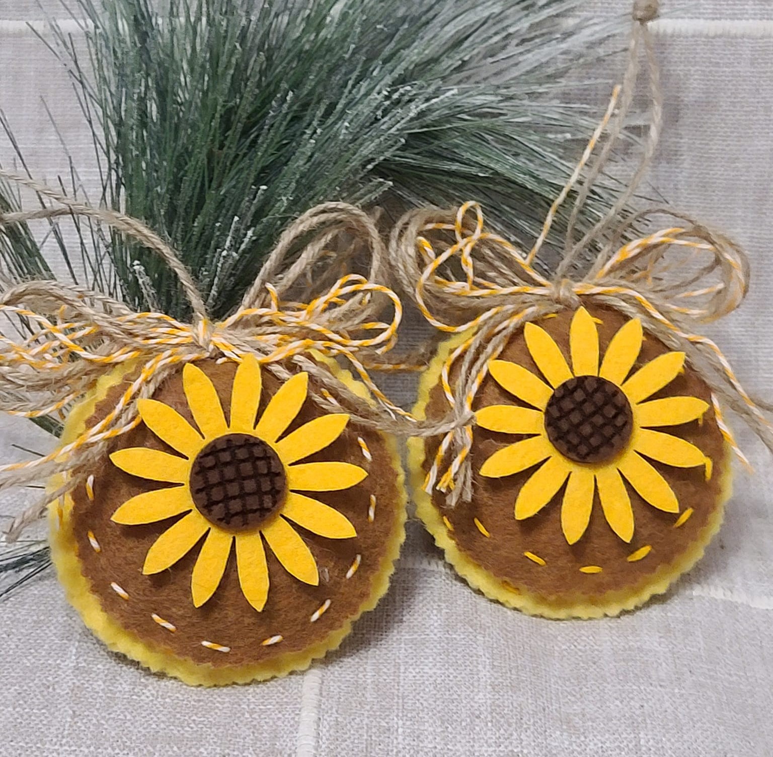 Felt sunflower round ornaments set of 2