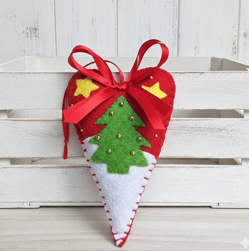 Heart ornament, scenic tree ornament, oblong heart, handmade ornament, felt ornament, red heart Heart ornament, scenic tree ornament, oblong heart, handmade ornament, felt ornament, red heart