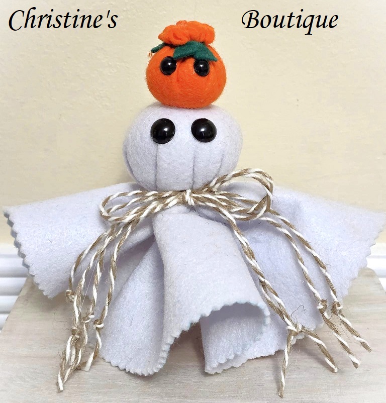 Ghost decor, Ghost with Pumpkin, Cute Ghost, Tabletop display, flowing felt ghost, handmade - Click Image to Close