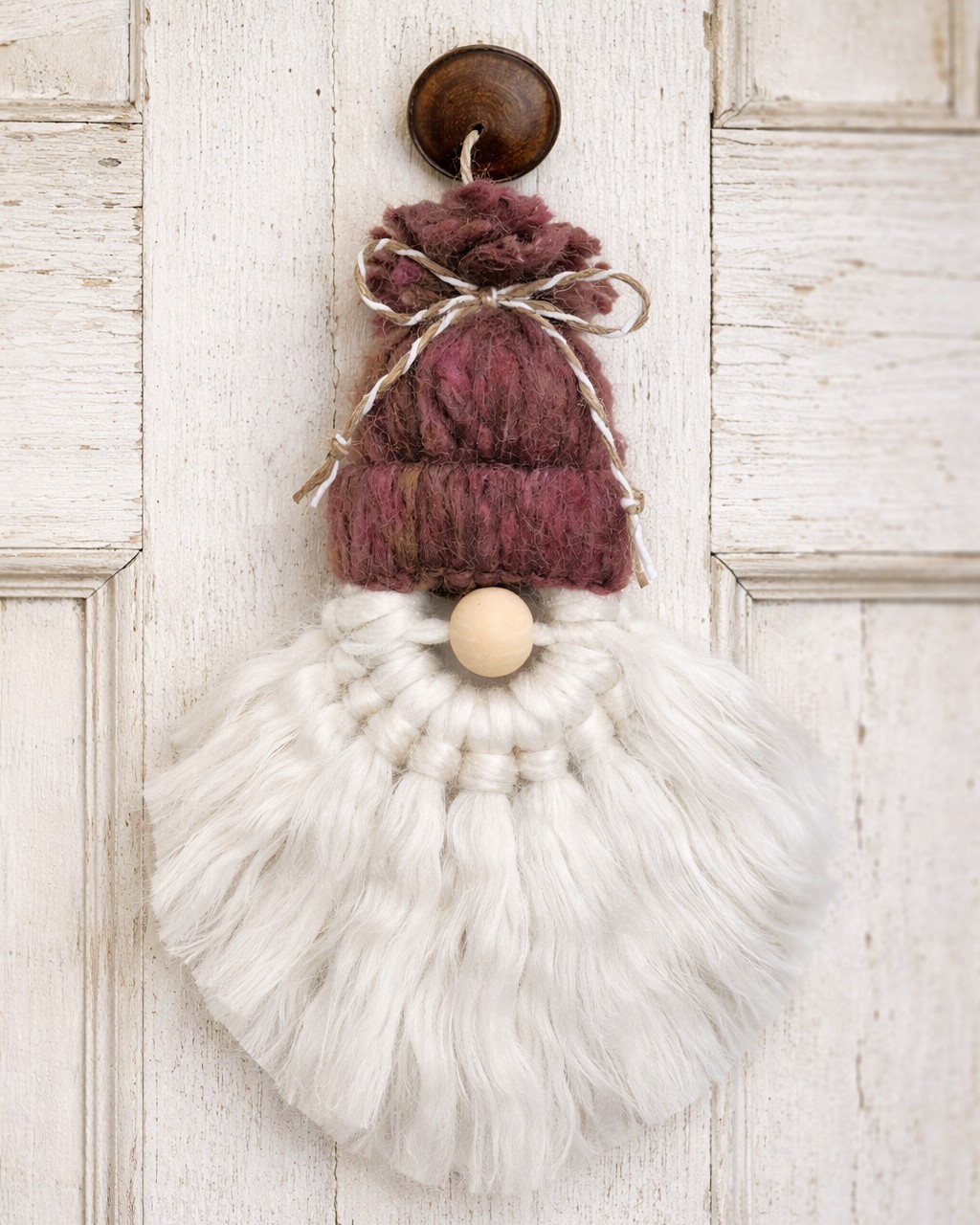 Macrame gnome, handcrafted, yarn macrame ornament, gnome, gnome ornament, white beard gnome, traditional gnome