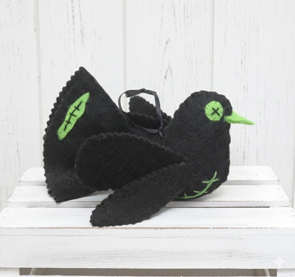 Halloween zombie pigeon ornament, halloween ornament, black zombie bird with green stitching