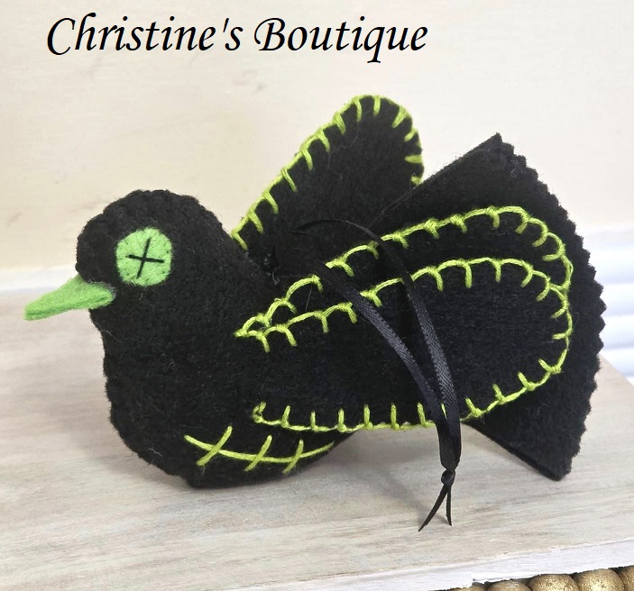 Halloween zombie pigeon ornament, halloween ornament, black zombie bird with green stitching - Click Image to Close