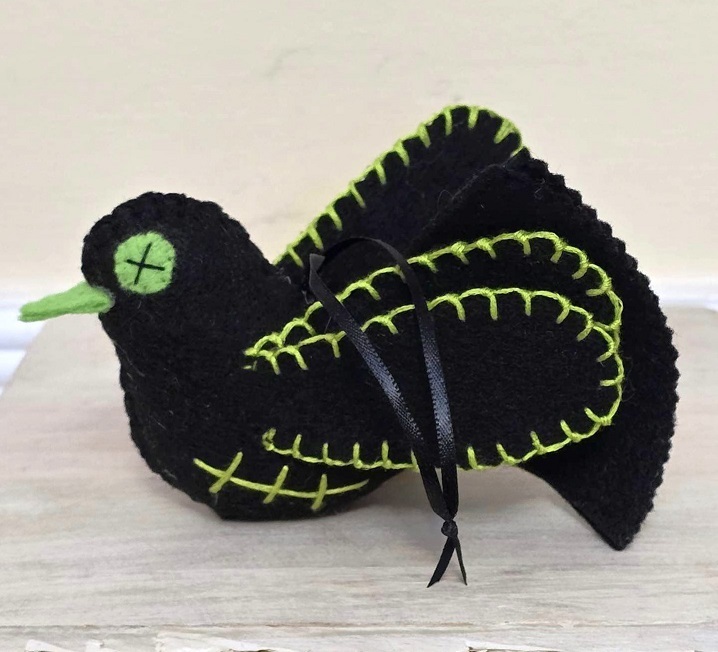 Halloween zombie pigeon ornament, halloween ornament, black zombie bird with green stitching