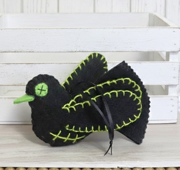 Halloween zombie pigeon ornament, halloween ornament, black zombie bird with green stitching