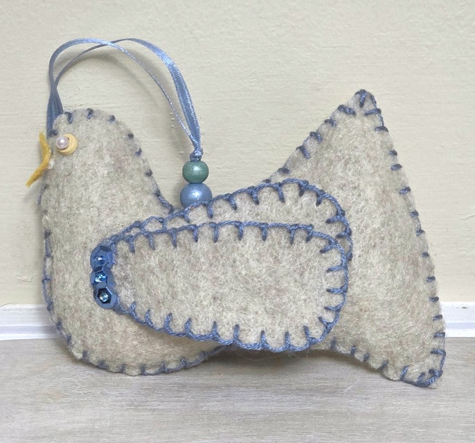 Bird ornament, handmade felt and embroidery bird, beige with blue threading
