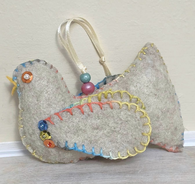 Bird ornament, handmade felt and embroidery bird, beige with multi color threading