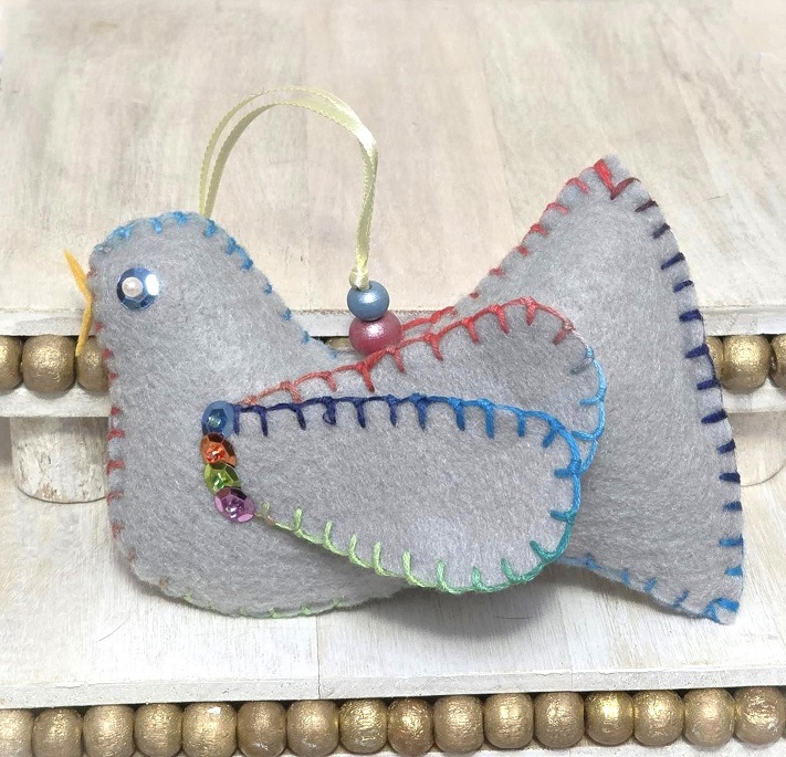 Bird ornament, handmade felt and embroidery bird, gray with multi color threading