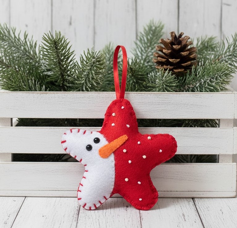 Snowman star ornament, handmade ornament, felt ornament, red star