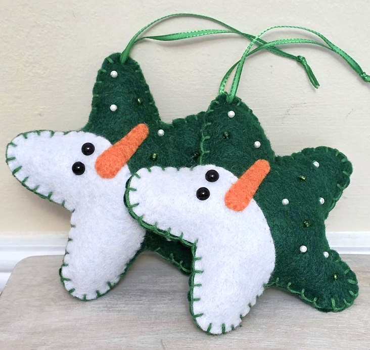 Snowman star ornament, handmade ornament, felt ornament, green star