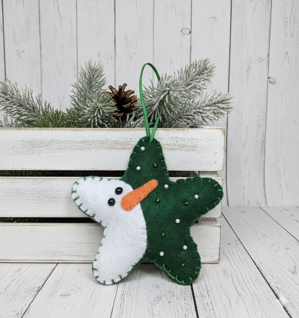 Snowman star ornament, handmade ornament, felt ornament, green star
