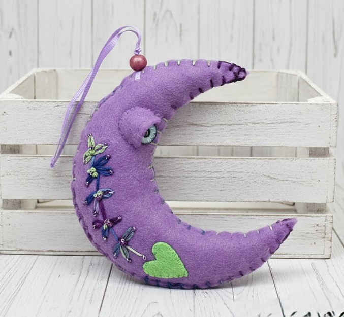 Moon ornament, lavender moon whimsical, handcrafted moon, felt, embroidery, bead accents