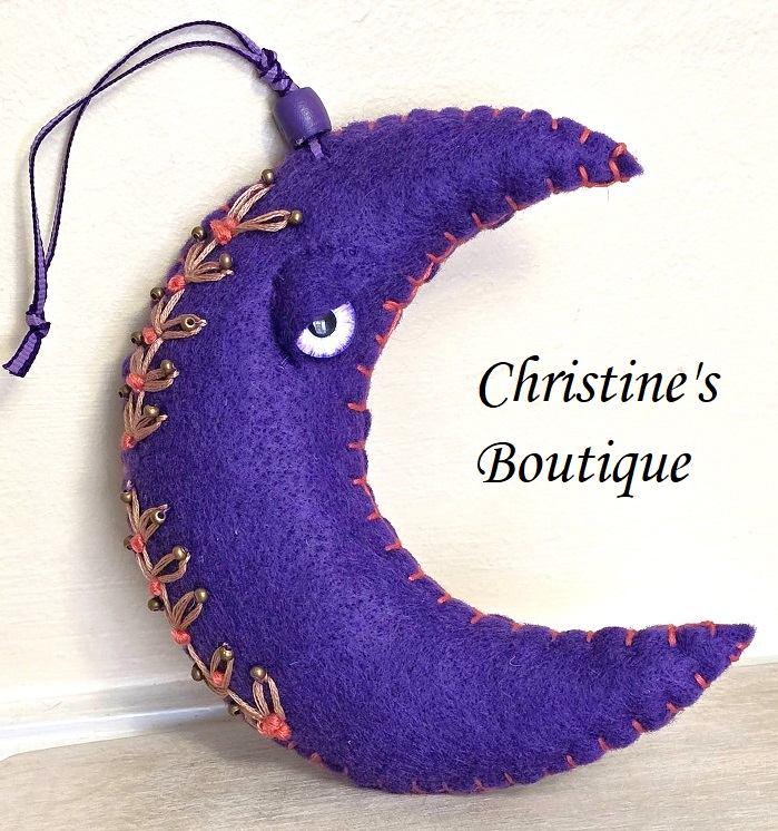 Moon ornament, purple moon whimsical, handcrafted moon, felt, embroidery, bead accents, burndt orange accents - Click Image to Close