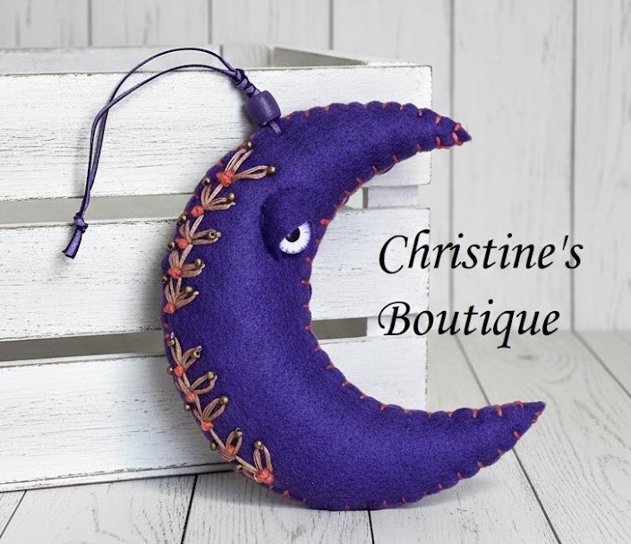 Moon ornament, purple moon whimsical, handcrafted moon, felt, embroidery, bead accents, burndt orange accents